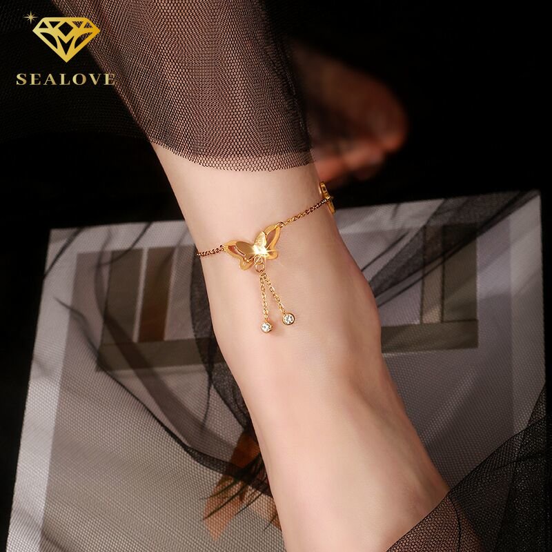 Gelang kaki titanium wanita Anti Karat 18k emas kupu-kupu liontin zirkon gelang kaki Aksesoris Fashion Korea