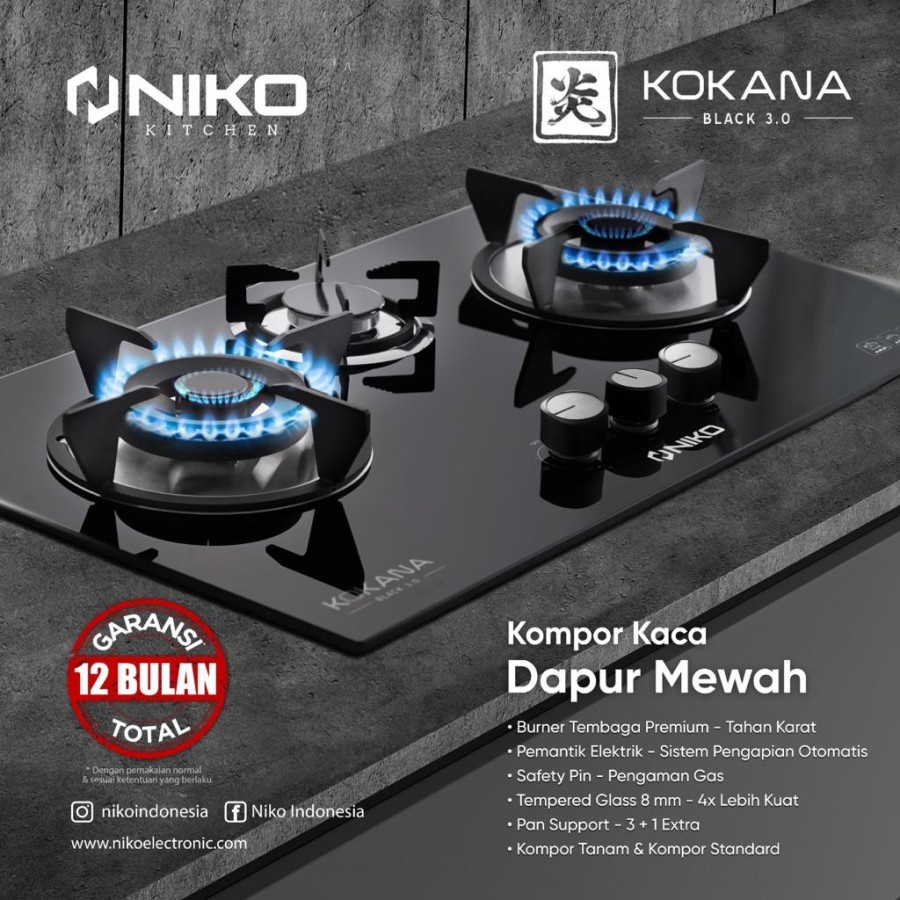 NIKO KOKANA Kompor Gas Kaca 3 tungku Black 3.0 / Kompor Tanam Hitam Niko Kokana Black 3.0