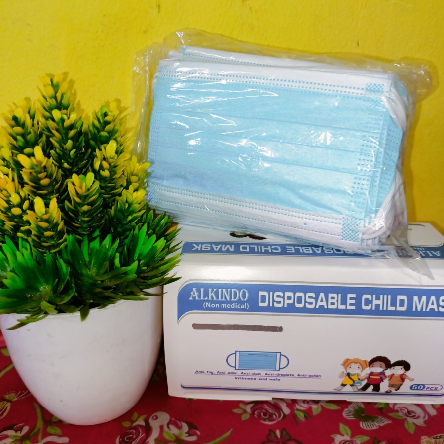 masker 3 ply hijab anak alkindo 1 box isi 50 pcs - biru biasa