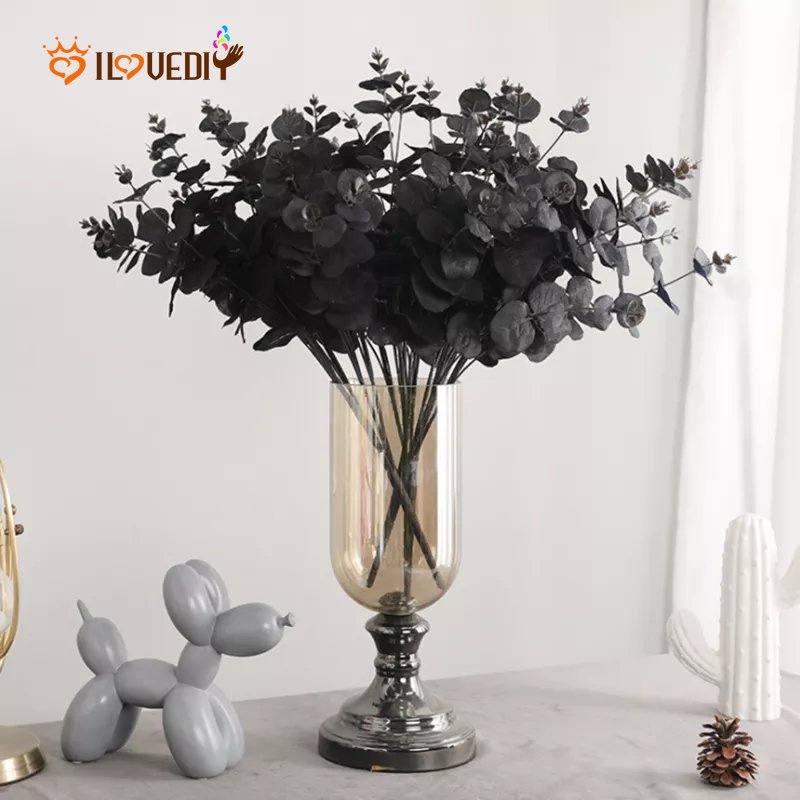 1pc Buket Bunga Eucalyptus Imitasi 7 Cabang Warna Hitam Untuk Dekorasi Pesta Halloween