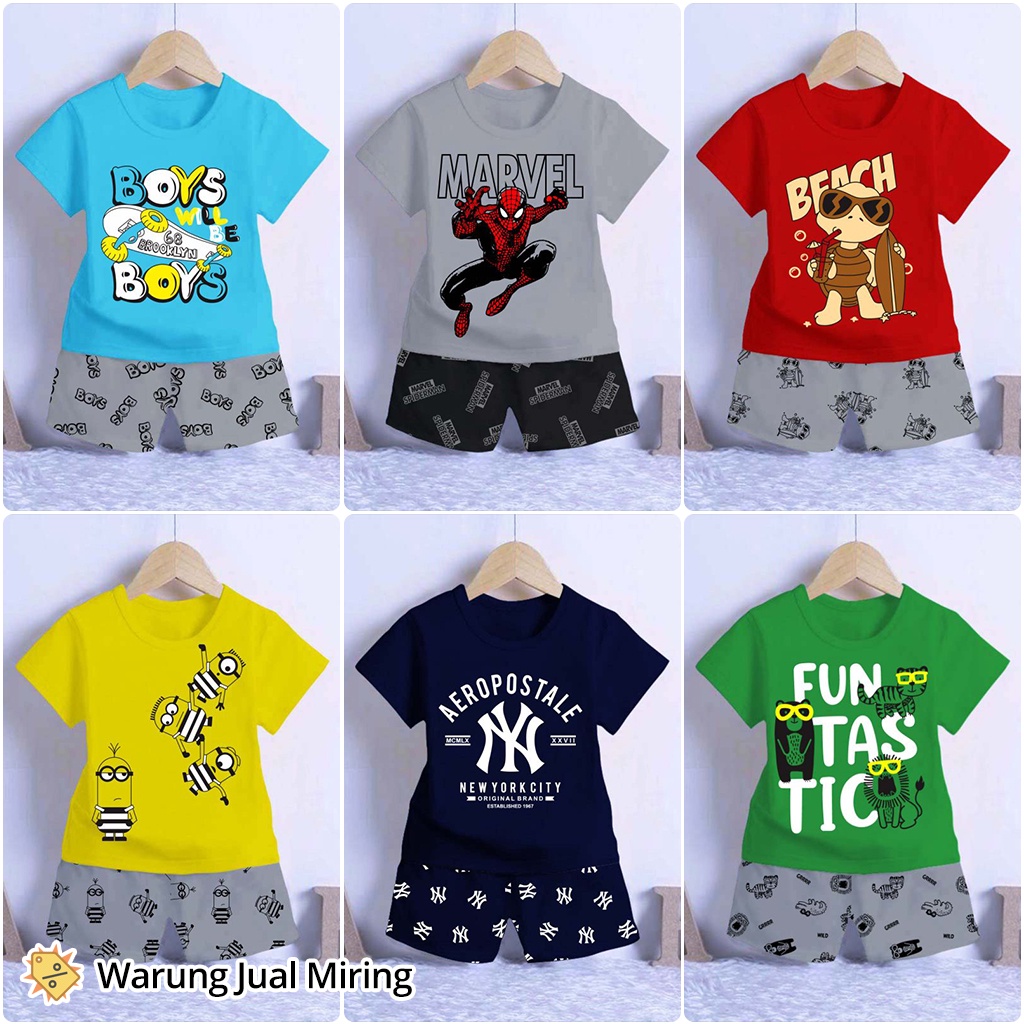 Setelan Anak Laki 0-4 Tahun Kaos Celana Pendek Harian Santai Atasan Bawahan Motif Gambar Karakter Spiderman Minion Set Baju Terbaru Keren Superhero Hitam Biru Polos Impor Pakaian Newborn Baby Bayi Balita Odom Umur Usia Bulan 1 2 3 5 6 7 8 9 10 11 12 18