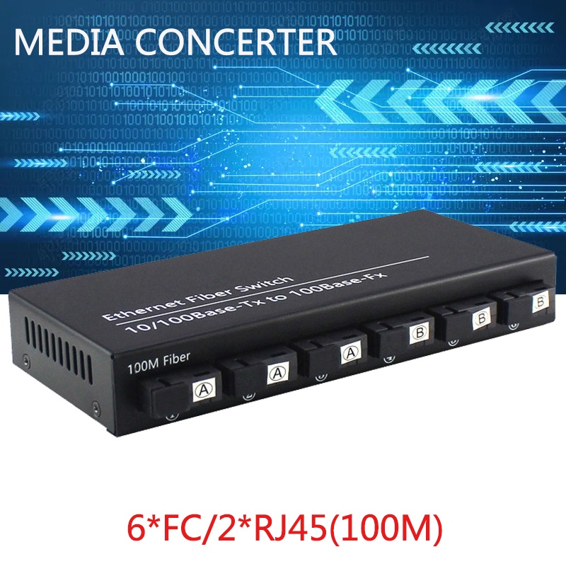 Media Converter 6 Port FO 2 Port LAN - Fiber Switch Optic 6 SC 2 RJ45 Dengan EU Adapter