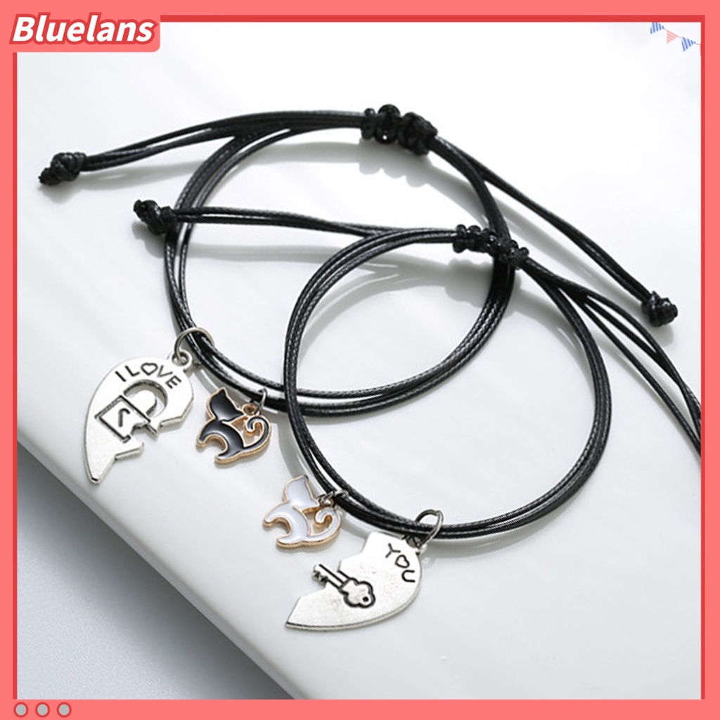 2pcs Gelang Tali Kepang Adjustable Bentuk Kucing Hati Untuk Pasangan