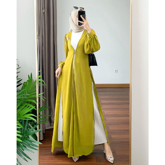 Laura Outer Dress Slit Muslim Polos Ceruty Premium - lime
