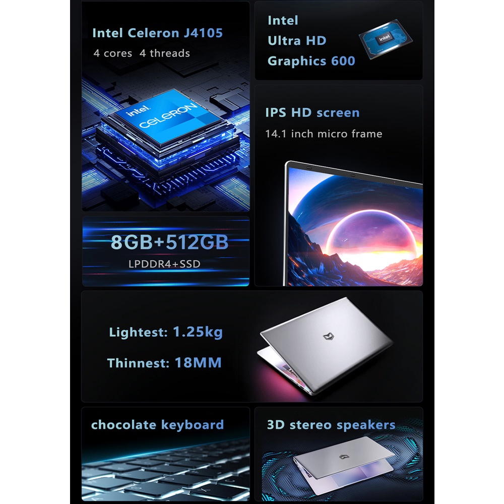 Laptop Baru 2023 Murah KUU XBOOK-3 8GB RAM 512GB SSD Intel J4125 Windows 11 PRO OFFICE ORIGINAL Baru 14.1''