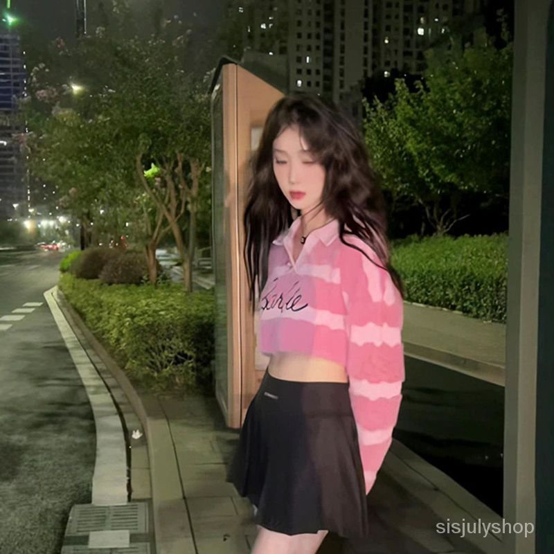 [✅BISA COD]  Hot girl striped letter short sweater musim gugur gaya keinginan murni niche longgar lengan panjang