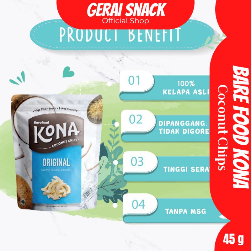 Barefood - KONA Coconut Chips High Fiber Snack Non MSG  45g