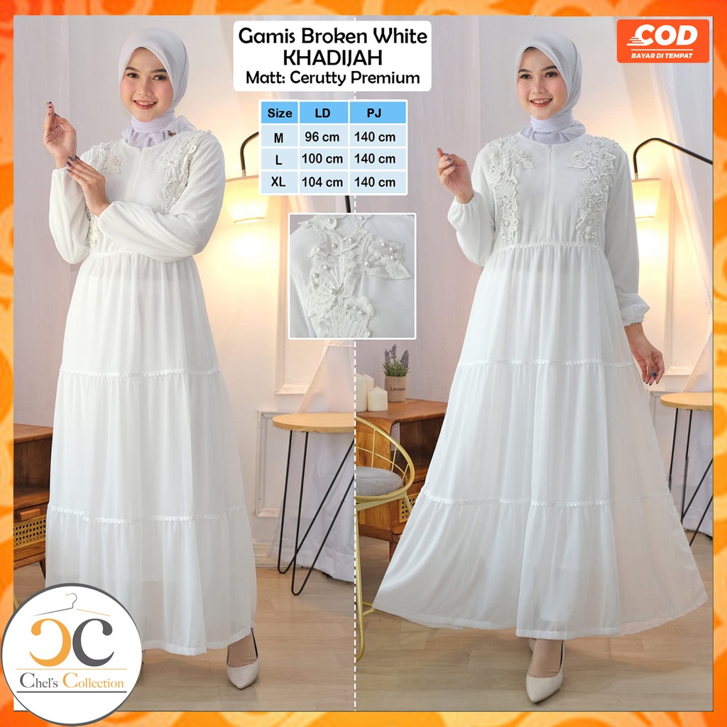 Gamis Syari Putih Modern Mewah Bahan Ceruty Premium Terbaru | Pakaian Wanita Muslim Remaja Dewasa Mo