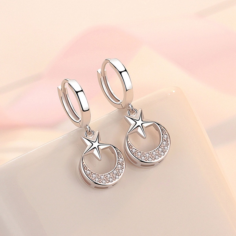 Anting Juntai Bentuk Bulan Bintang Bahan 925 Sterling Silver Untuk Wanita