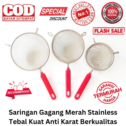 [BISA COD] PROMO Saringan Gagang Merah Stainless Tebal Kuat Anti Karat berkualitas Wadah Penyaring Serokan Serok Saringan Tepung Saringan Bumbu Saringan Minyak Murah