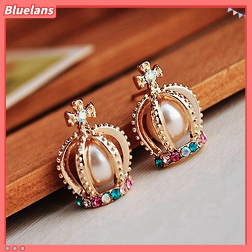 Anting Stud Desain Mahkota Salib Aksen Mutiara Berlian Imitasi Warna-Warni