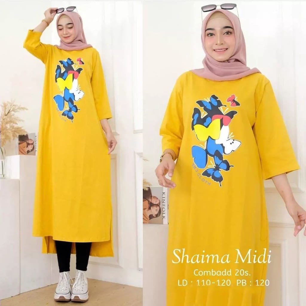 (HOT DEALS) SHAIMA MIDI DRESS Bahan Cotton Combed 20s Baju Dress Wanita Remaja Kekinian Modern Casual Lengan Panjang Midi Dress Formal Hijab Muslimah Top Simple Modis Terbaru 2022