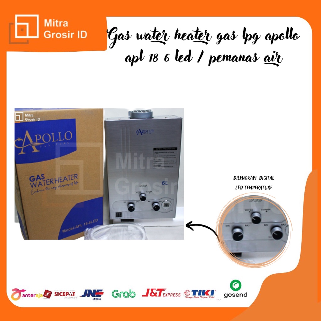 WATER HEATER GAS LPG APOLLO APL 18 6LED//PEMANAS AIR KAMAR MANDI