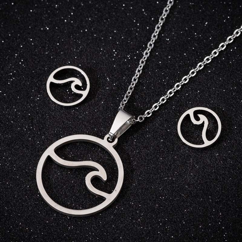 3pcs Kalung Liontin Bentuk Bulat Gelombang Geometris Bahan stainless steel