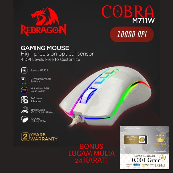 Redragon Gaming Mouse RGB COBRA WHITE - M711W