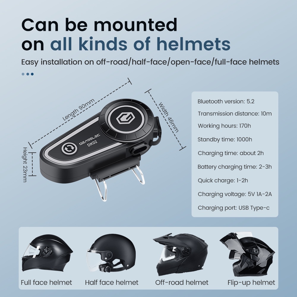 Gearelec DK02 Helm Sepeda Motor Bluetooth Headset Hands Free Call Kit IPX7 Tahan Air 2800 MAh BT5.2 Nirkabel Stereo Headset dengan