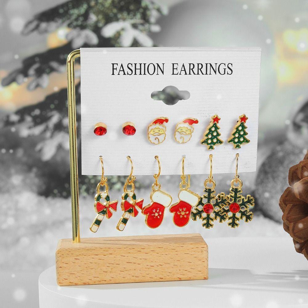 Needway Christmas Stud Earrings Bow Knot Santa Claus Christmas Bell Drip Minyak Rusa Mengkilap Wanita Drop Earrings