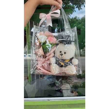 Hampers Boneka wisuda tas transparan Reapict Hampers buket mini boneka free request nama di slempang