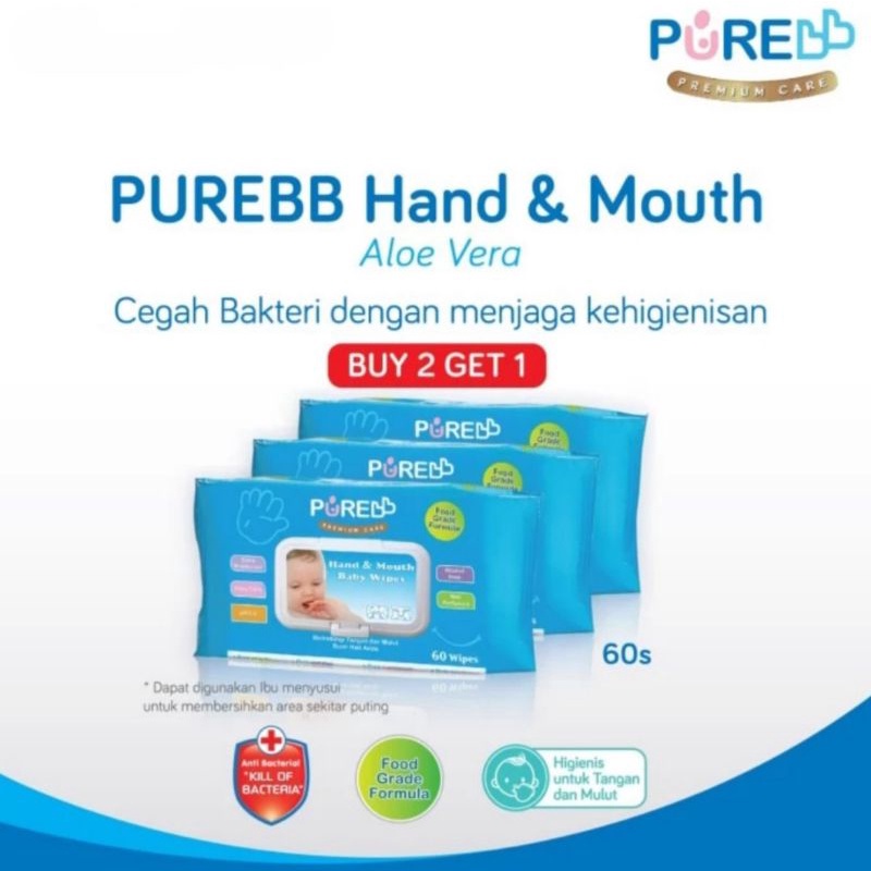 3Pack PURE BB Hand &amp; Mouth Baby Wipes Combo 60s Tissue Basah Mulut Bayi Purebaby 3x60s | Pure Baby Wipes