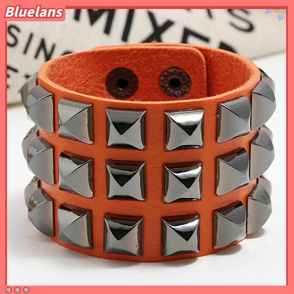 Bluelans Punk Men Women Club Square Rivet Studded Wide Cuff Faux Leather Bangle Bracelet