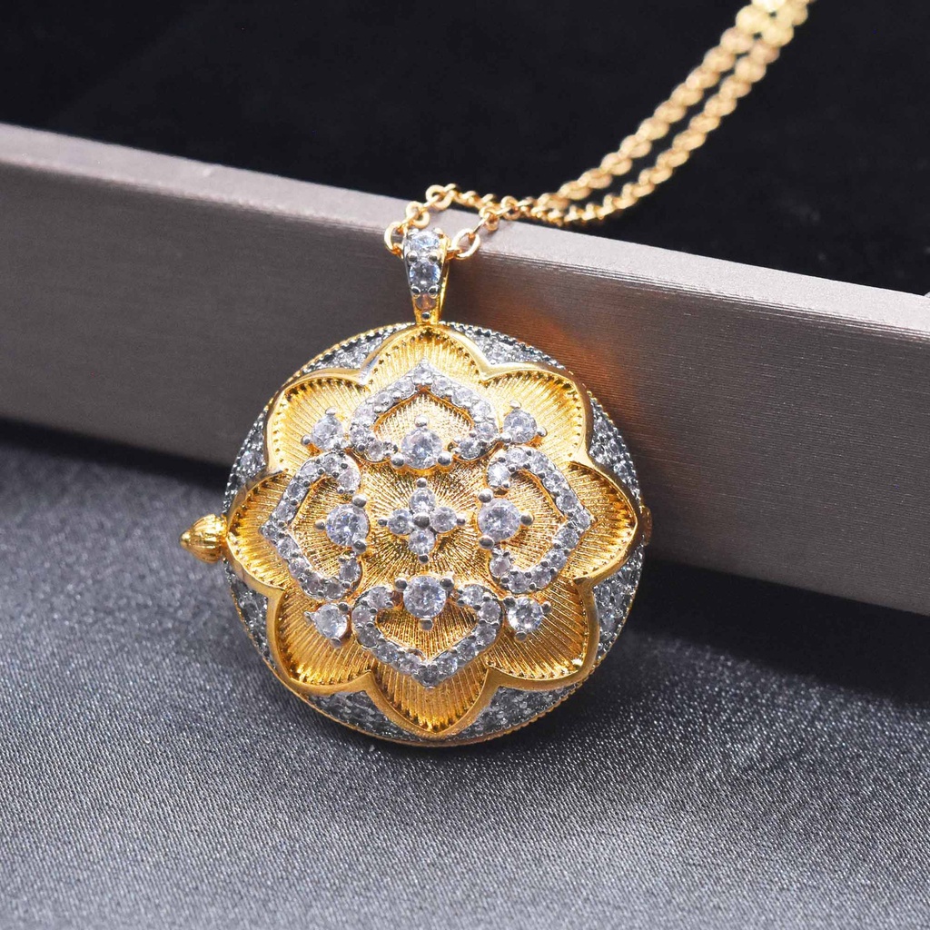 Goldkingdom Perhiasan Fashion Emas Asli Kadar 375 Bangkok Aksesoris Ready Stock Vintage Disc Bertatahkan Kalung Gilt Silver Zircon Rose Liontin Untuk Wanita