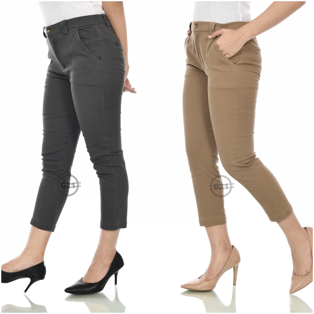 G21 Celana Chinos Panjang 7/8 Wanita Hitam Bahan Katun Strech Kasual Kerja Ukuran Standar dan Jumbo