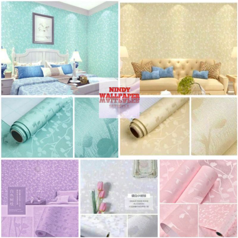 Wallpaper Dinding Sticker Dinding Biru Muda | Krem | Putih | Ungu | Bertekstur Salur Daun Keren Mewa