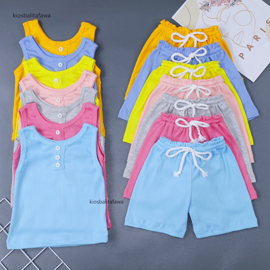 Set Tara Uk Bayi- 3 Tahun / Universal Bayi Laki &amp; Perempuan Setelan Singlet Kaos Lekbong Celana Pendek Anak Laki Perempuan Import Baju Anak Baby Polos Kiosbalitafawa