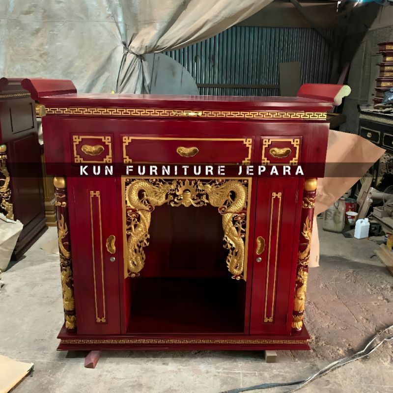MEJA ALTAR UKIRAN NAGA 2 PINTU BAHAN KAYU JATI MEJA SEMBAHYANG DEWA