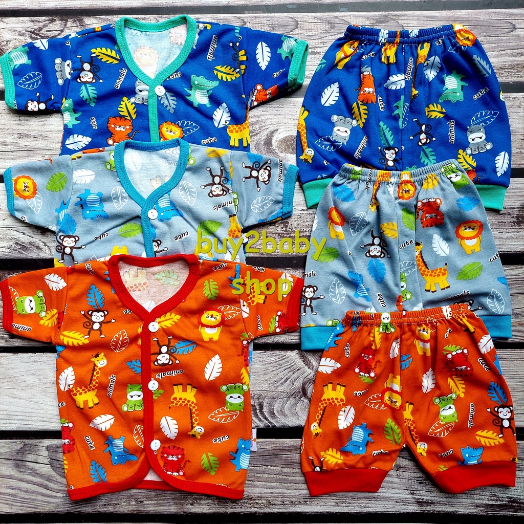 Baju bayi setelan piyama pendek katun full print motif Cico Miko 0-6 Bulan isi 3 setelan