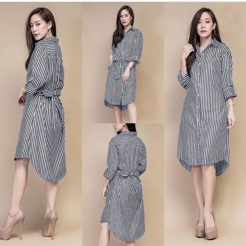 kemeja tunik motif salur wanita dewasa / long hem garis perempuan / mini dress tunik cewek