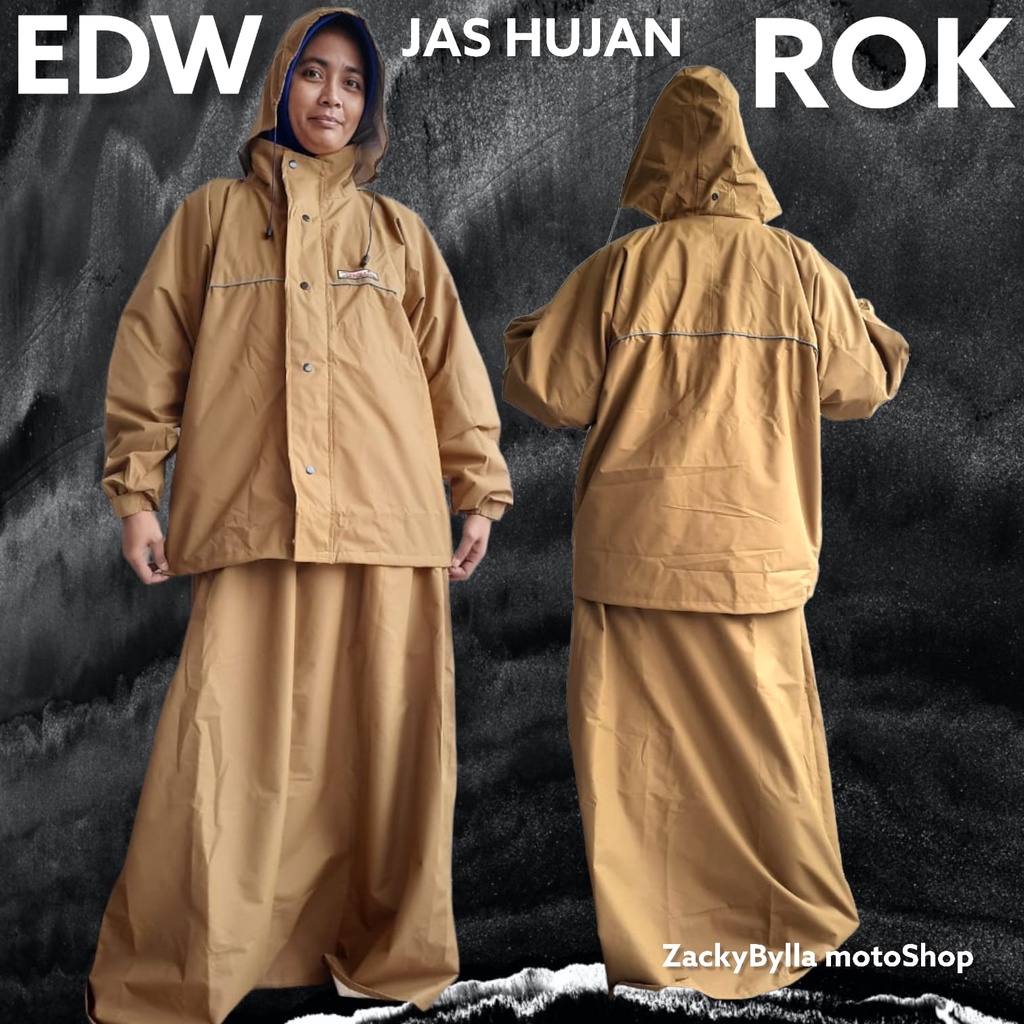 Jas Hujan Rok Wanita Edelweiss Bahan Taslan Balon Waterproof Bahan Efek Daun Talas