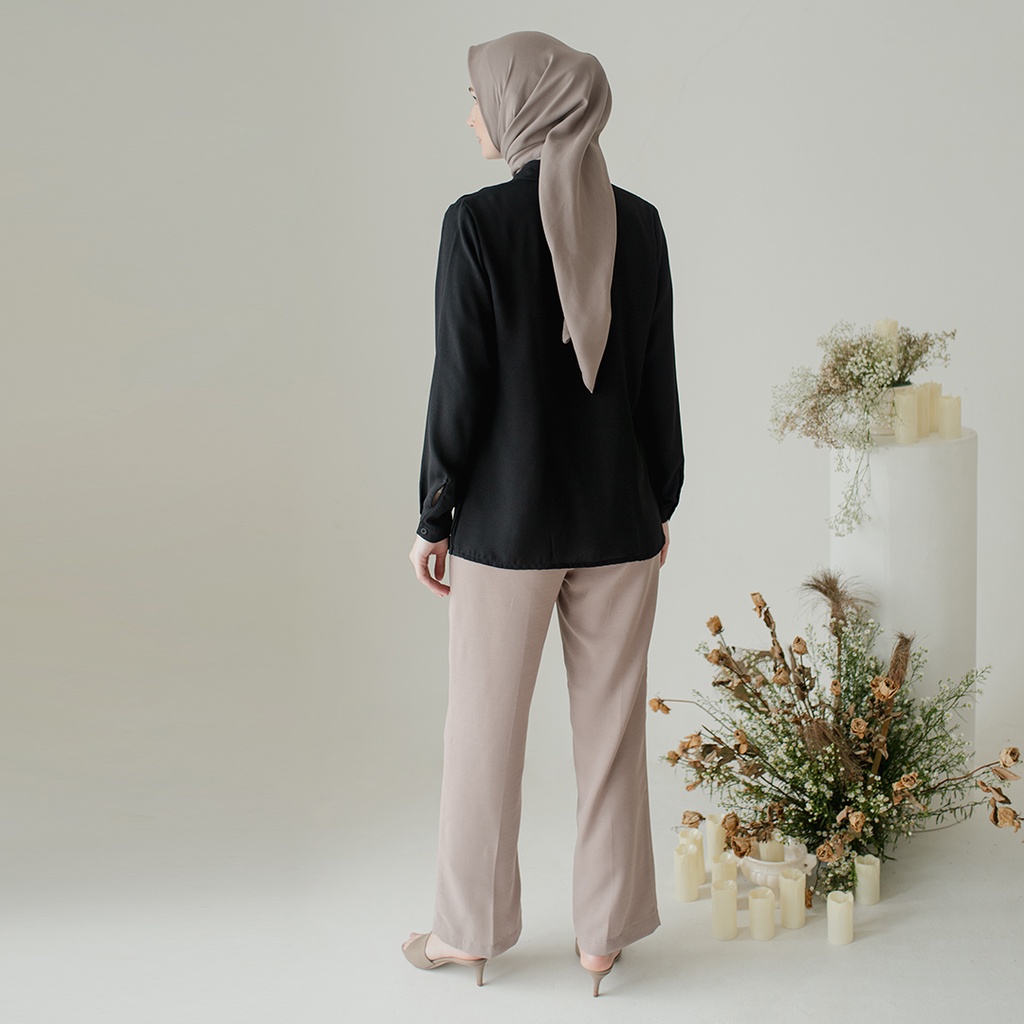 Kaluna by Aska Label - Atasan wanita kemeja plisket lengan panjang dengan manset warna abu taupe, pink mauve, hitam black