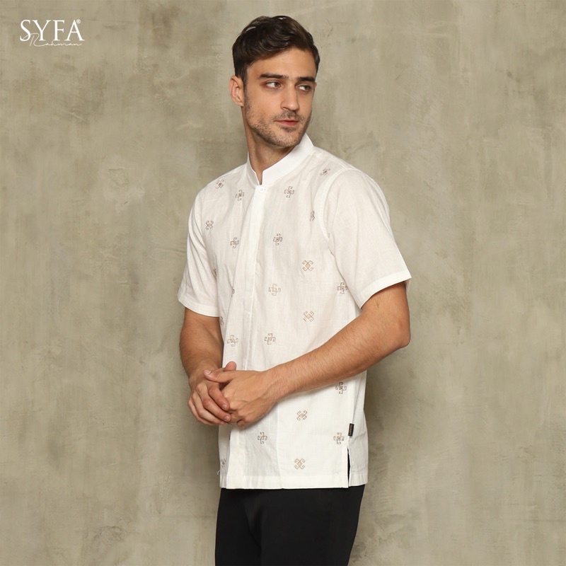 Syfa Rahman - Baju Kemeja Koko Putih Lengan Pendek Katun Azil Series