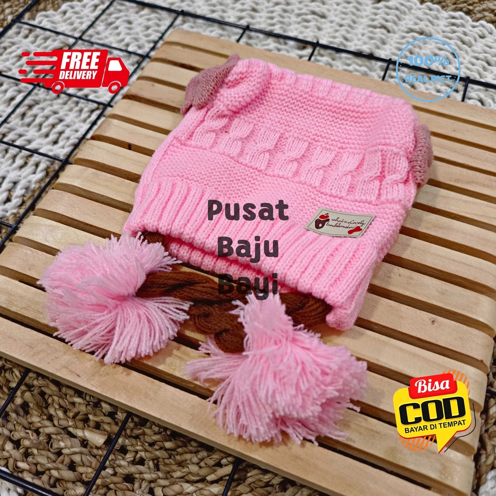 Topi Bayi Perempuan Premium Rajut Pompom Model Kepang / Topi Rajut Premium Baby Girl model Kepang Termurah