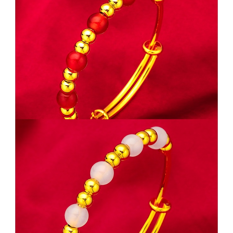 Goldkingdom Fashion Perhiasan Emas Asli Kadar 375 Bangkok Aksesoris Ready Stock 8mm Agate Adjustable Gelang Dorong Tarik Lebar Gelang Agate Wanita