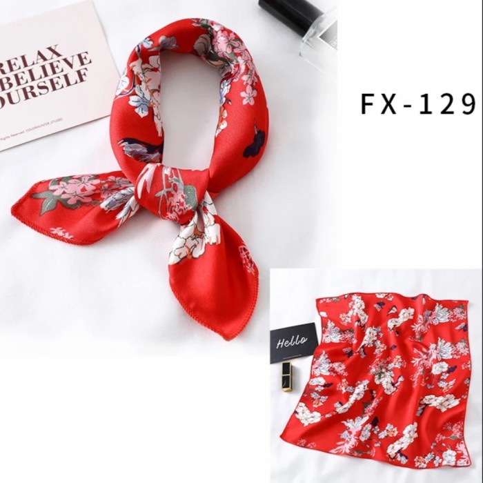 Scarf Syal/Scarf Leher Pramugari Bandana Kain Silk Motif Bunga 50X50Cm