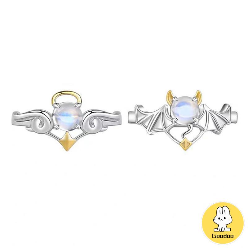 Perhiasan Cincin Pasangan Perak Biru Moonstone Malaikat Setan -Doo