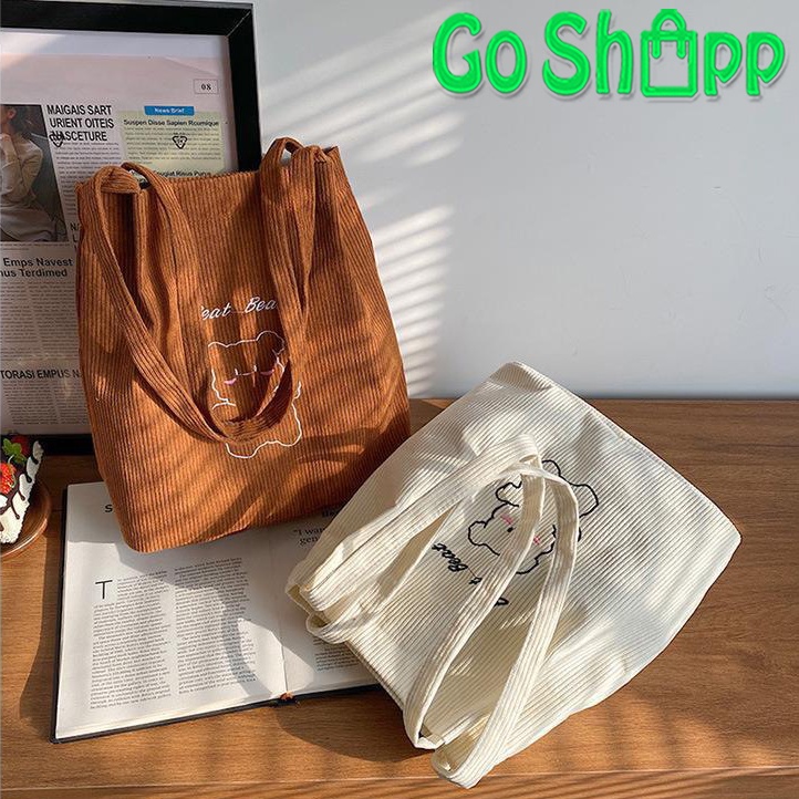 Tas Tote Bag Corduroy Wanita Kuliah Import Fashion Korea Terbaru - Tas Bahu Totebag Aesthetic Kekinian TE08