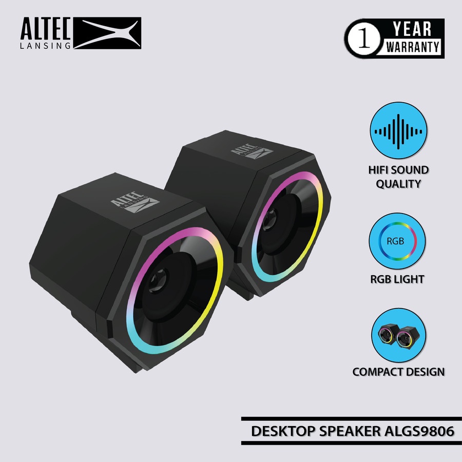 Speaker 2.0 gaming altec lansing wired aux usb 3.5mm power stereo bass rgb for pc cpu laptop phone algs9806 algs-9806