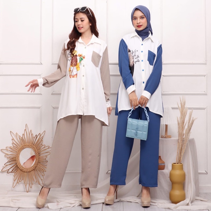 ONE SET CRINKLE STELAN VIRAL KOMBINASI PRINTING DTF SHAKILA GIRL WANITA JUMBO BIGSIZE XXL GROSIR MURAH