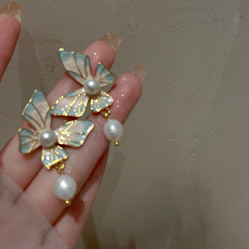 Anting Stud Enamel Bentuk Kupu-Kupu Aksen Mutiara Bahan S925 Untuk Anak Perempuan