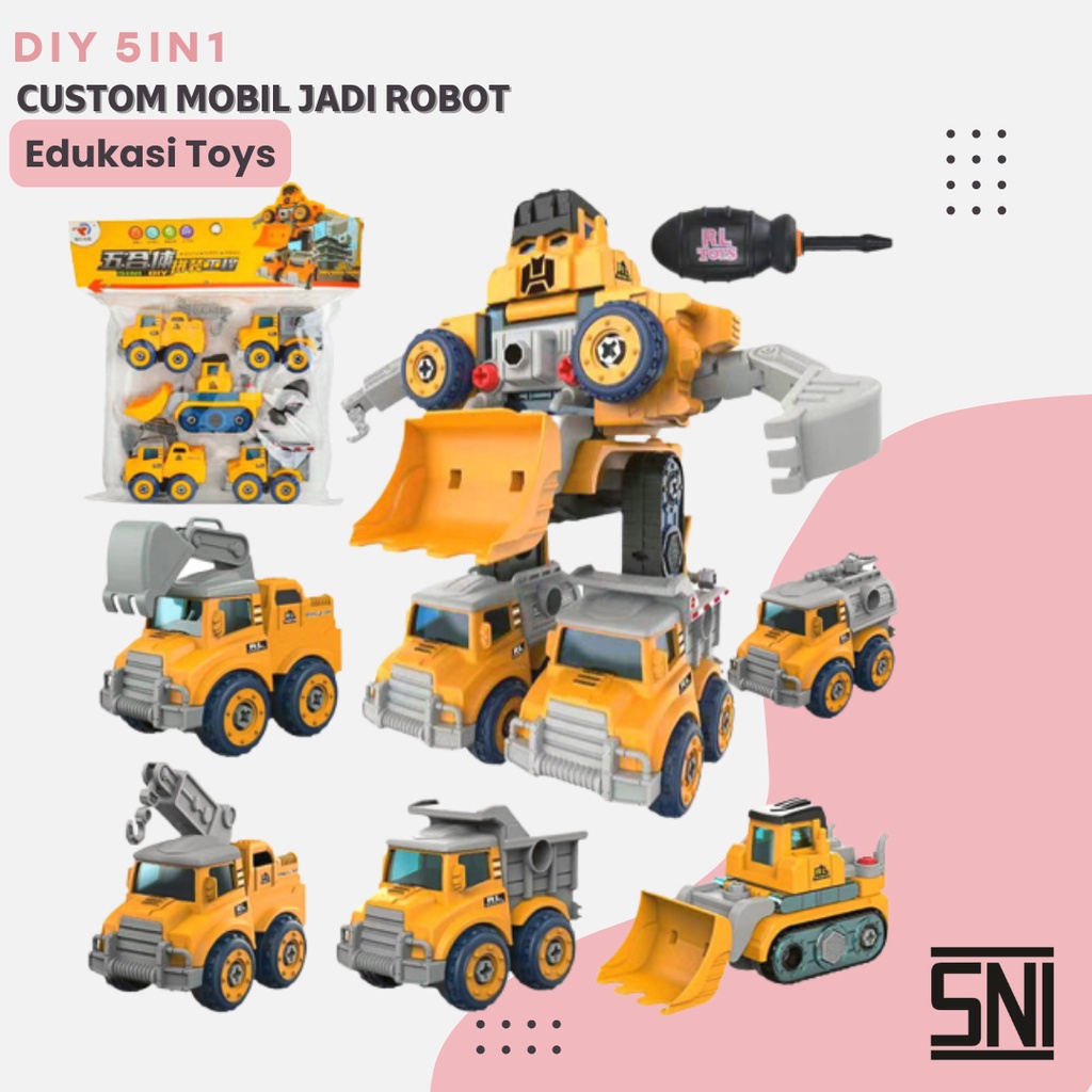 Mainan Edukasi Mobil Mobilan Anak cowok Truck 5In1 Jadi Robot Diy Assembling