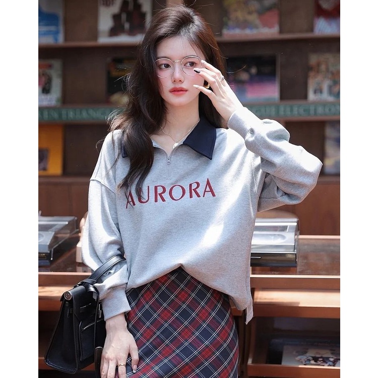 Sweater Wanita | Sweater AURORA Kerah Ziper Oversize | Sweater Outfit Wanita Korean Style Kekinian