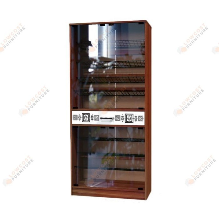 LEMARI SEPATU PINTU KACA TINGGI FRENCH WALNUT