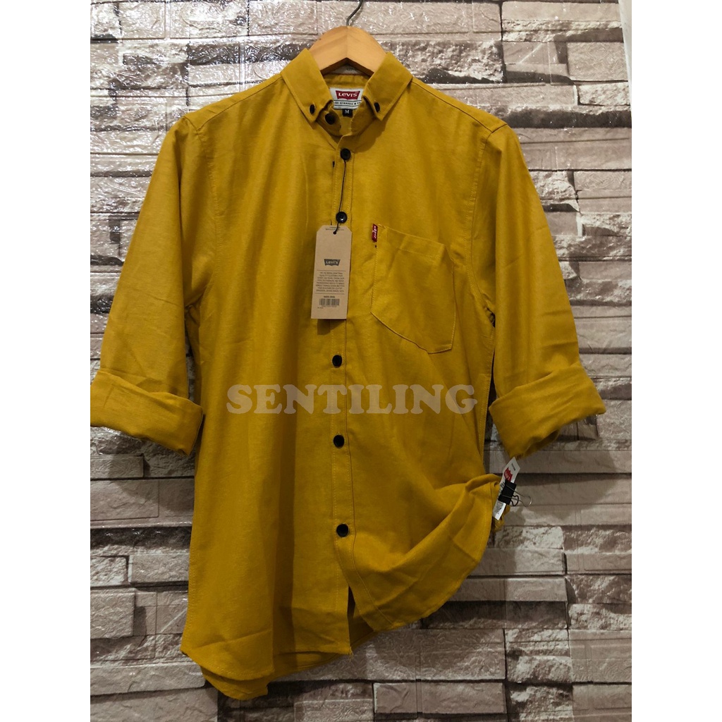 Terwuwu kemeja panjang pria cowok gatlemen cowok biru navy dongker polos formal kantor-Mustard