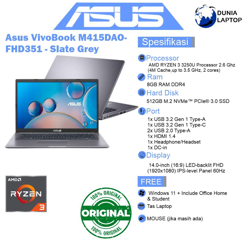 Asus VivoBook M415DAO-FHD351 - Slate Grey [Ryzen 3 3250U-8GB-SSD 512GB]