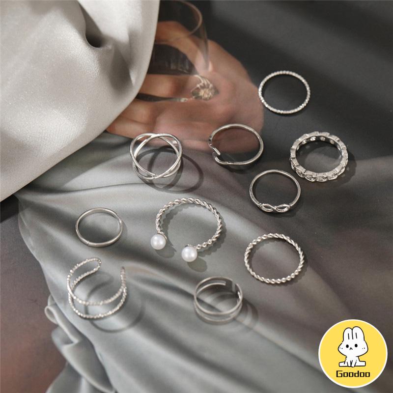 10 Buah Set Wanita Kreatif Sederhana Manik-manik Ganda Cincin Gabungan Geometri Gelombang Mutiara -Doo