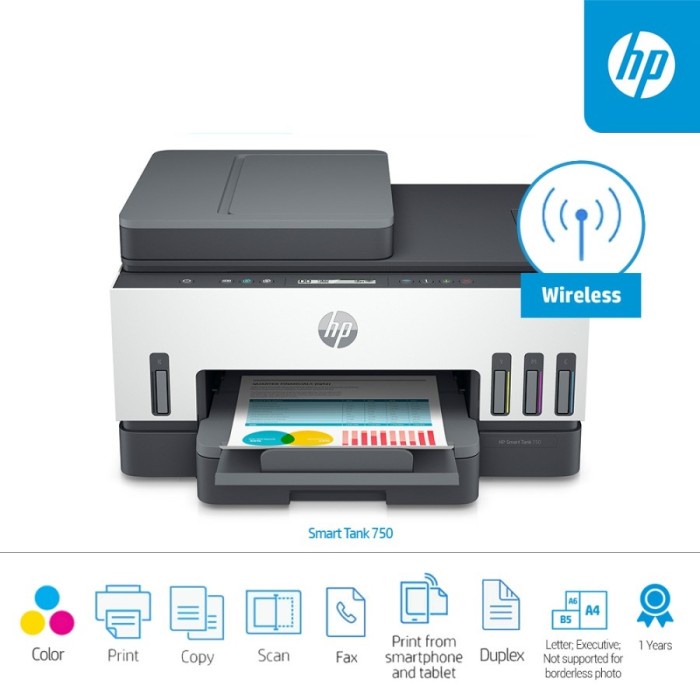 Printer HP Smart Tank 750 All in One Color/Print Scan Copy Wireless