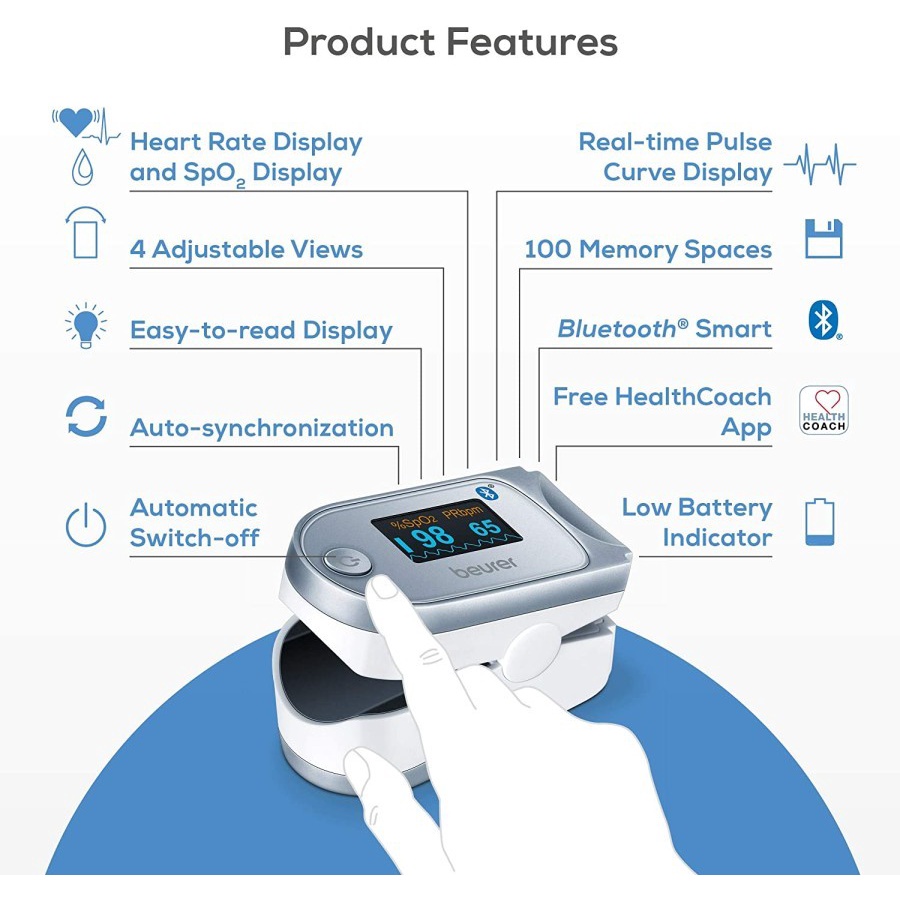 Beurer PO 60 - Pulse Oximeter Bluetooth - Alat Ukur Kadar Oksigen Beurer PO60 Oxymeter - Pulse Finger Oximeter Beurer Po60